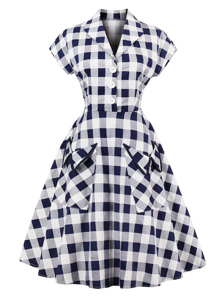 Blue White 1950s Pockets Plaid Dress ...